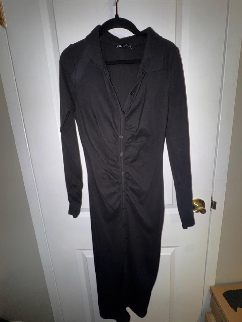 Black Long Sleeve Button-Front Ruched Midi Dress